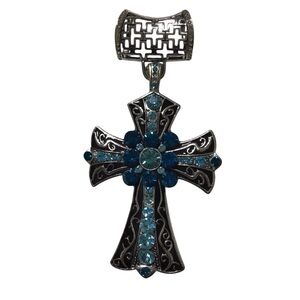 Silver and Blue Chunky Style Rhinestone Cross Pendant